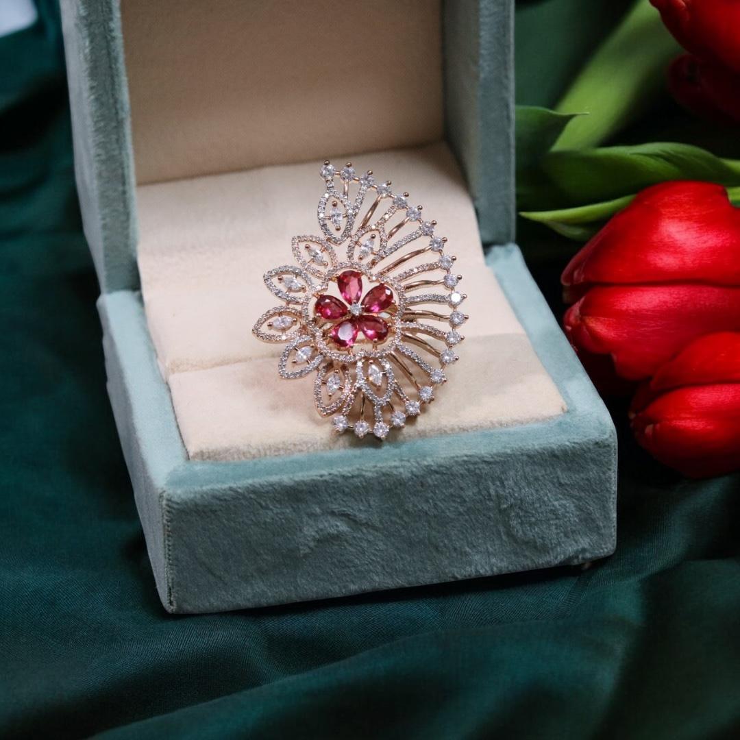 Floral Inspired American Diamond Wedding Ring Indian Jewelry Set - Libasaa.com