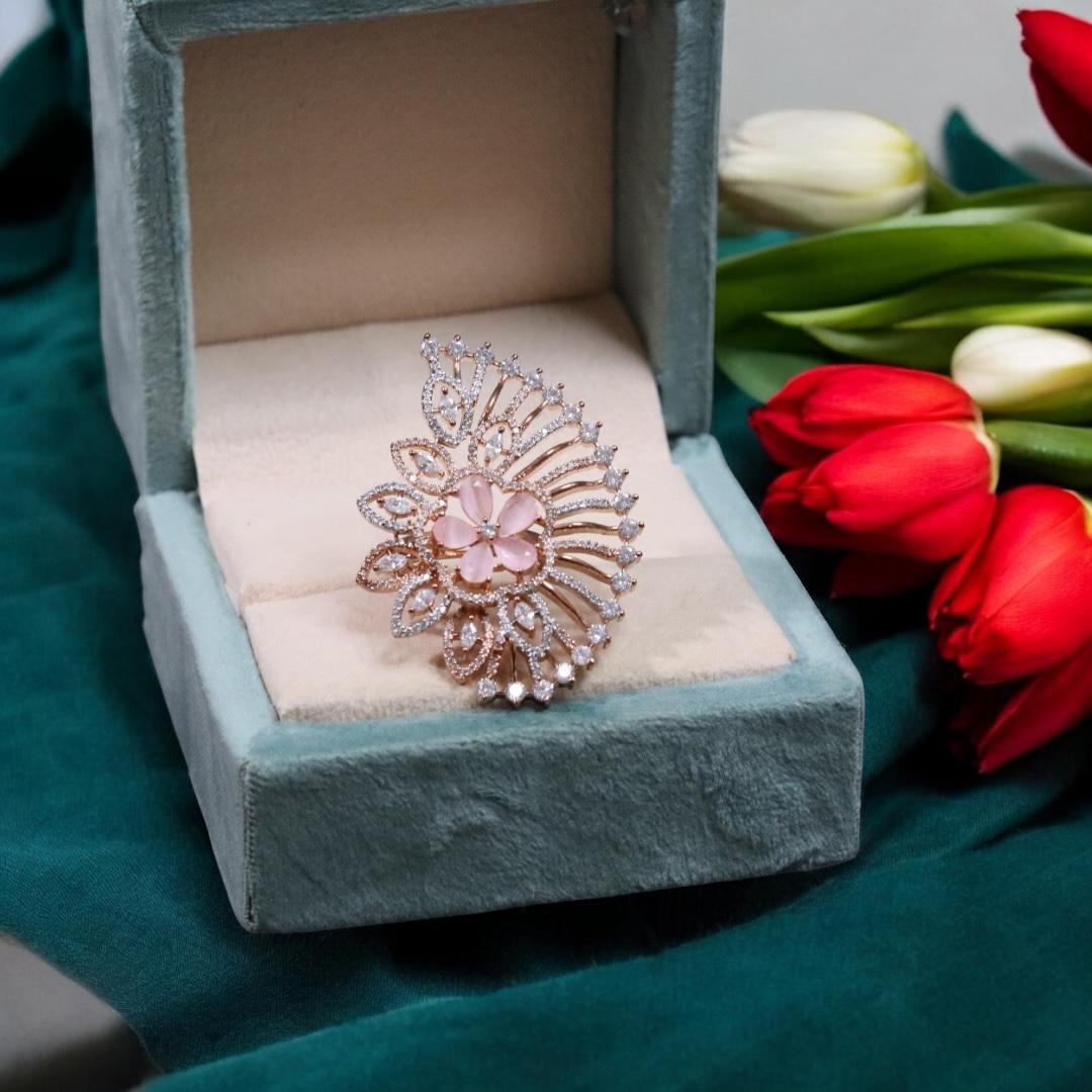 Floral Inspired American Diamond Wedding Ring Indian Jewelry Set - Libasaa.com