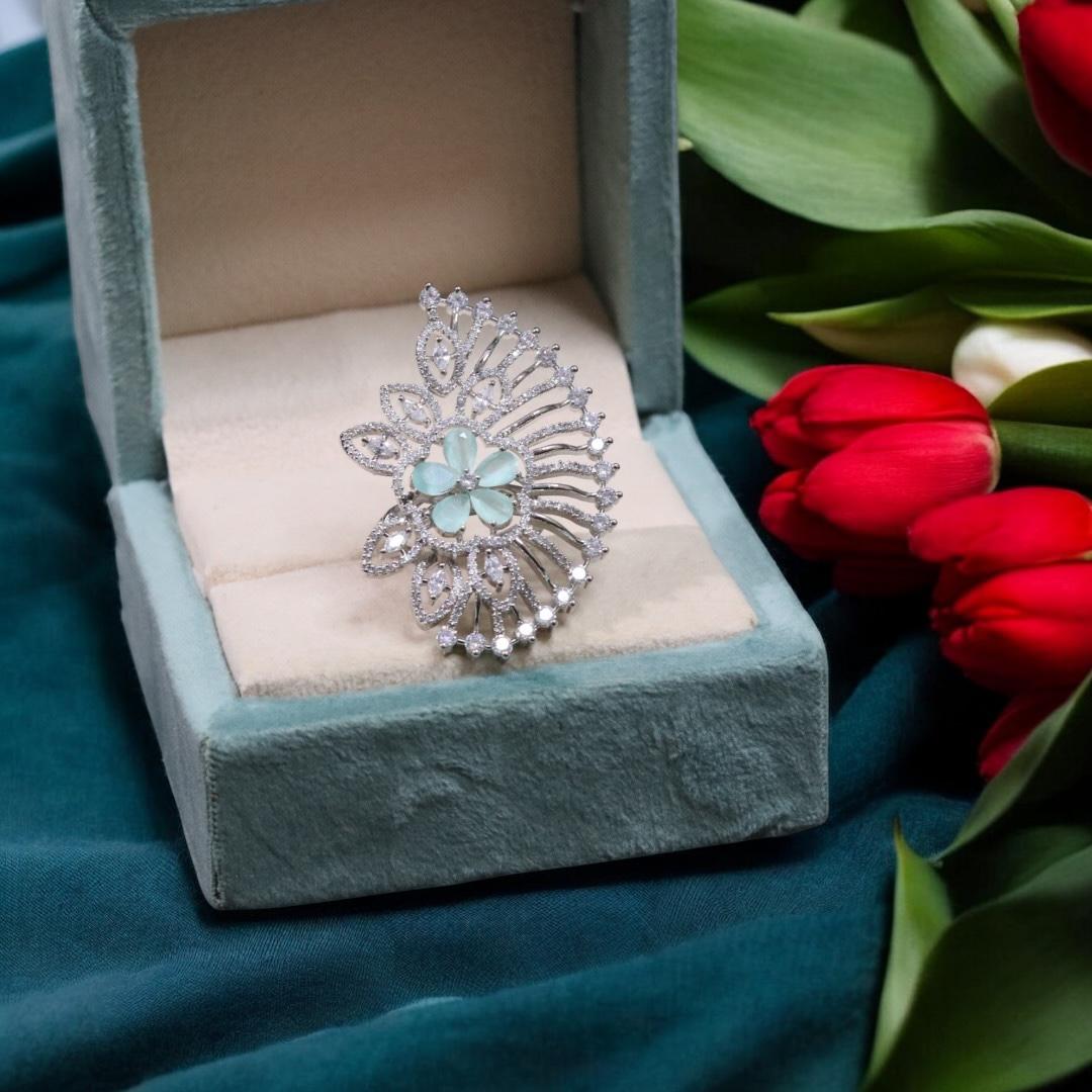 Floral Inspired American Diamond Wedding Ring Indian Jewelry Set - Libasaa.com