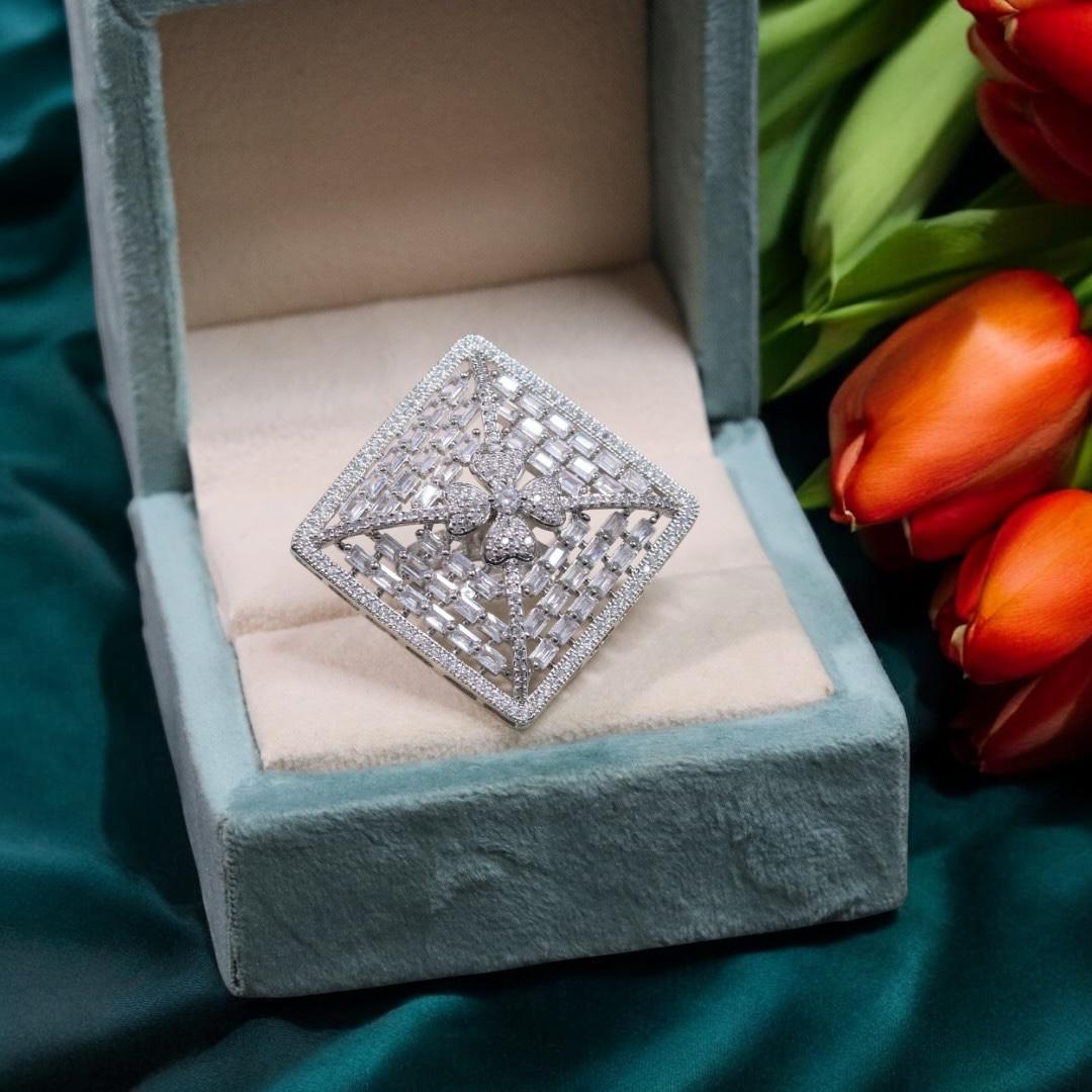 Square Floral Design Festive AD Ring For Ladies - Libasaa.com