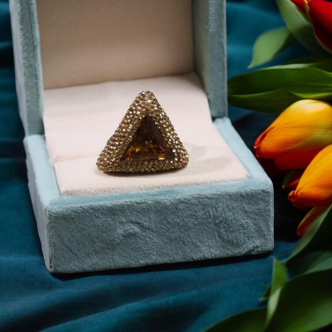 Classic Golden Triangular Stud CZ Ring For Wedding - Libasaa.com