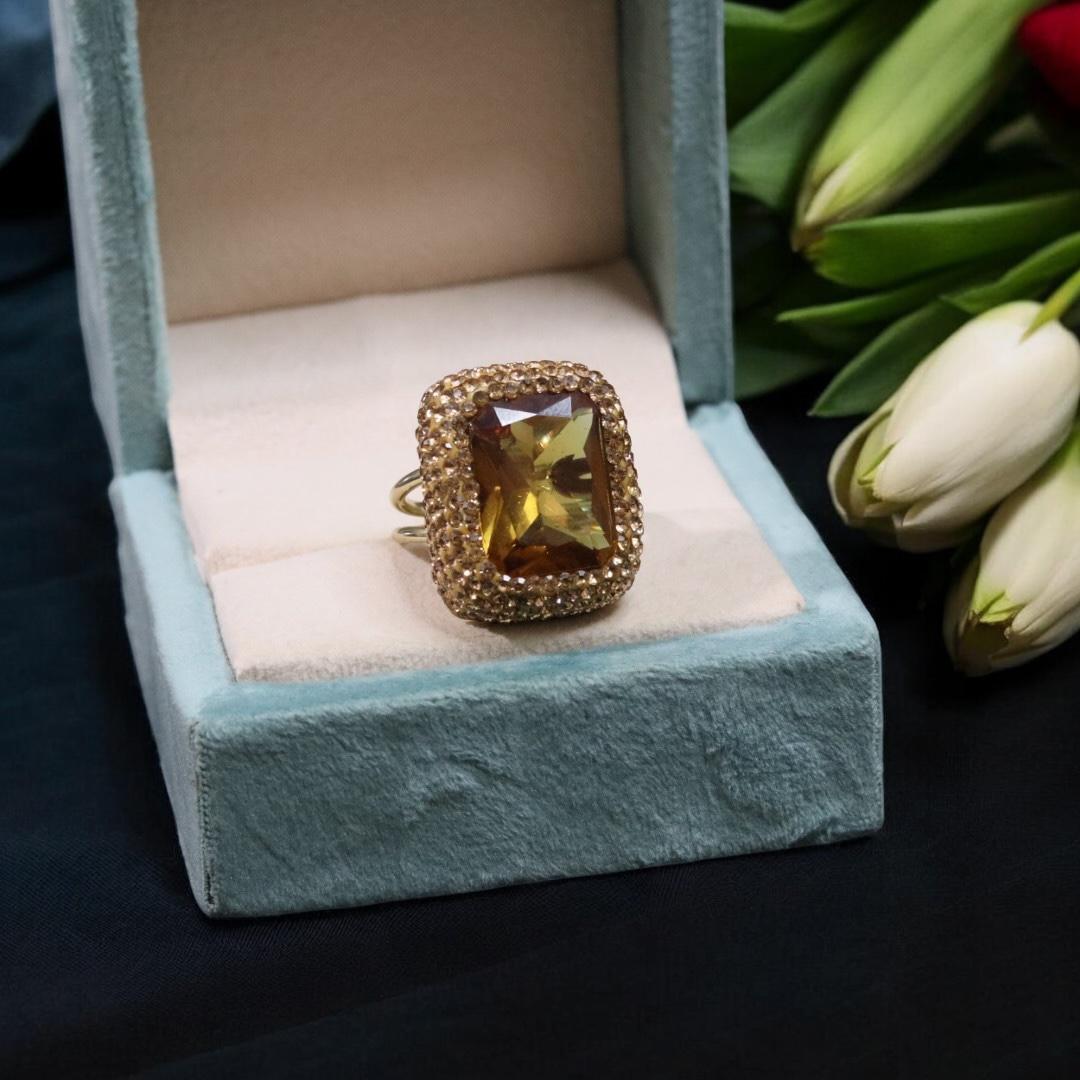 Indian Golden Emerald Cut AD Ring For Wedding - Libasaa.com