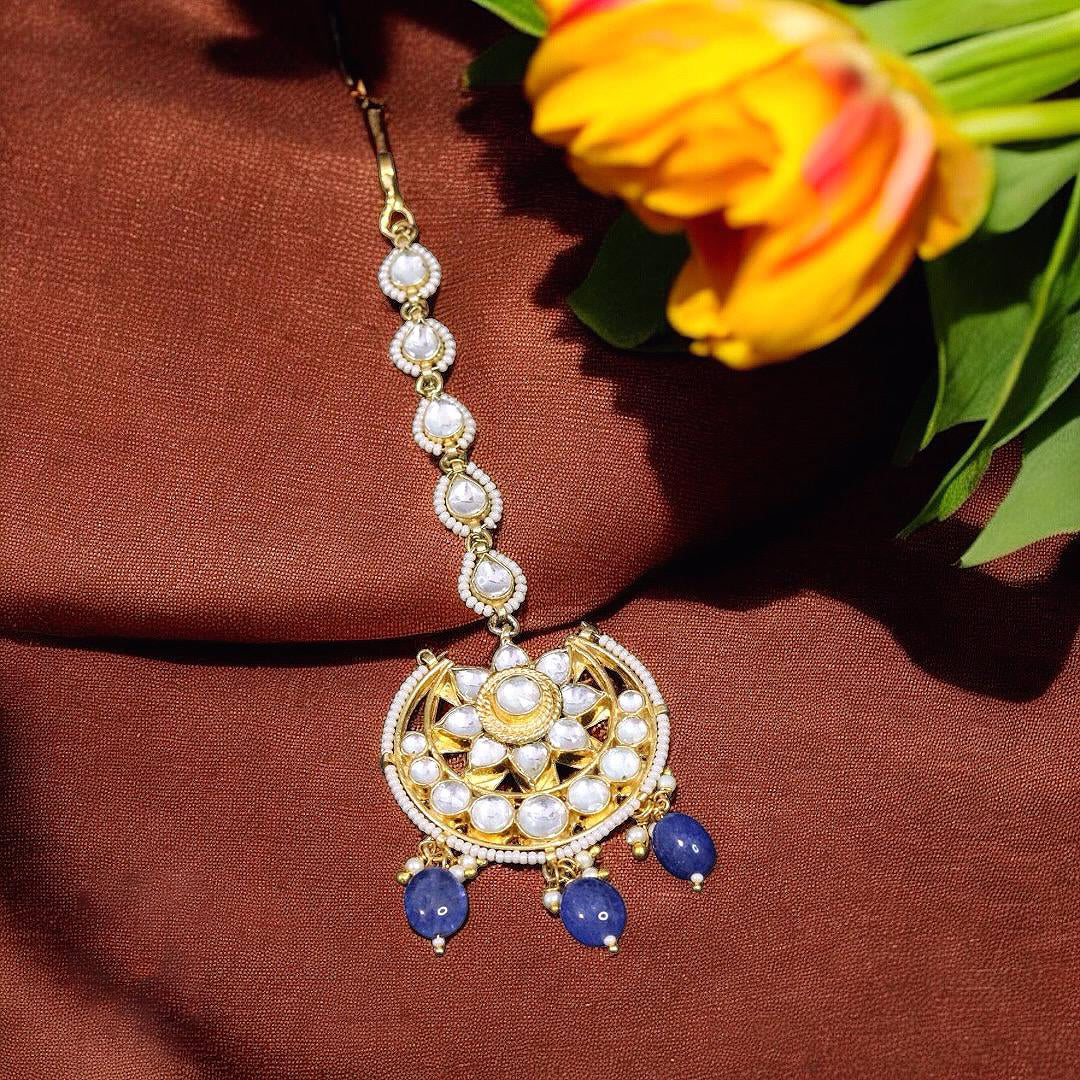 Blue Silver Plated Bridal Maangtikka For Wedding - Libasaa.com