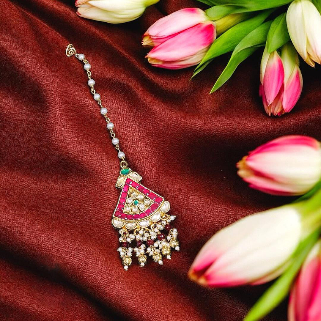 Deep Pink Jaipuri Gold Plated Mangtikka For Women - Libasaa.com