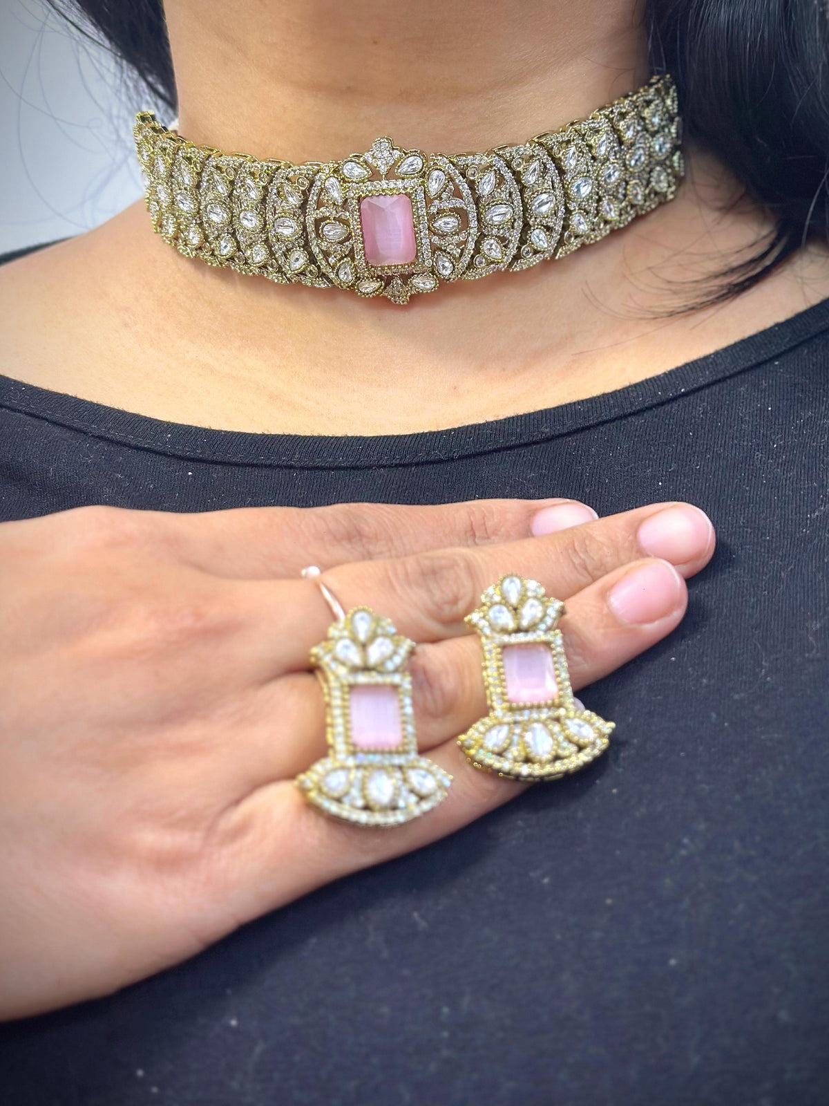 Bollywood Design Gold Plated Stone Work Choker Earrings Set - Libasaa.com