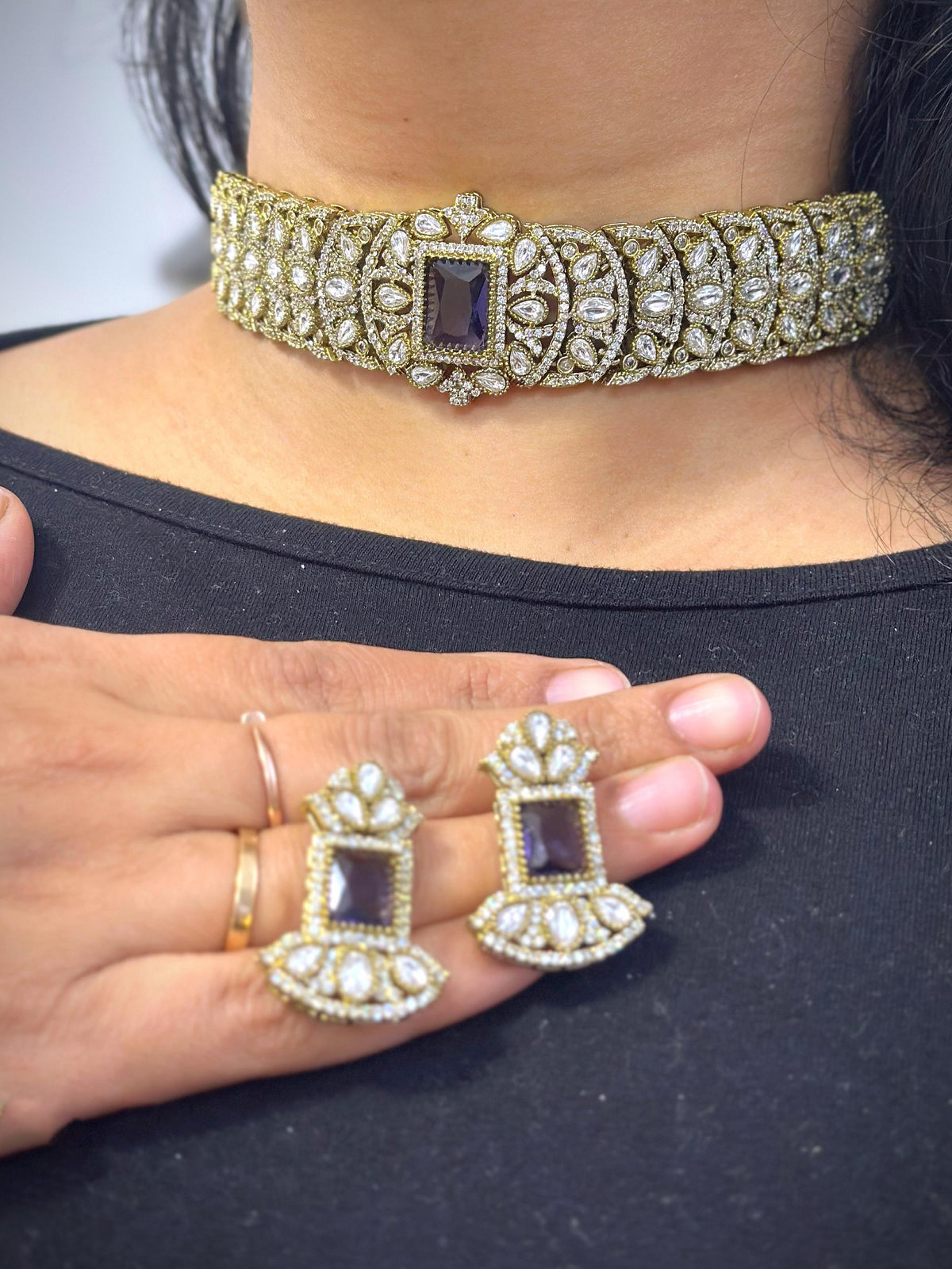 Bollywood Design Gold Plated Stone Work Choker Earrings Set - Libasaa.com