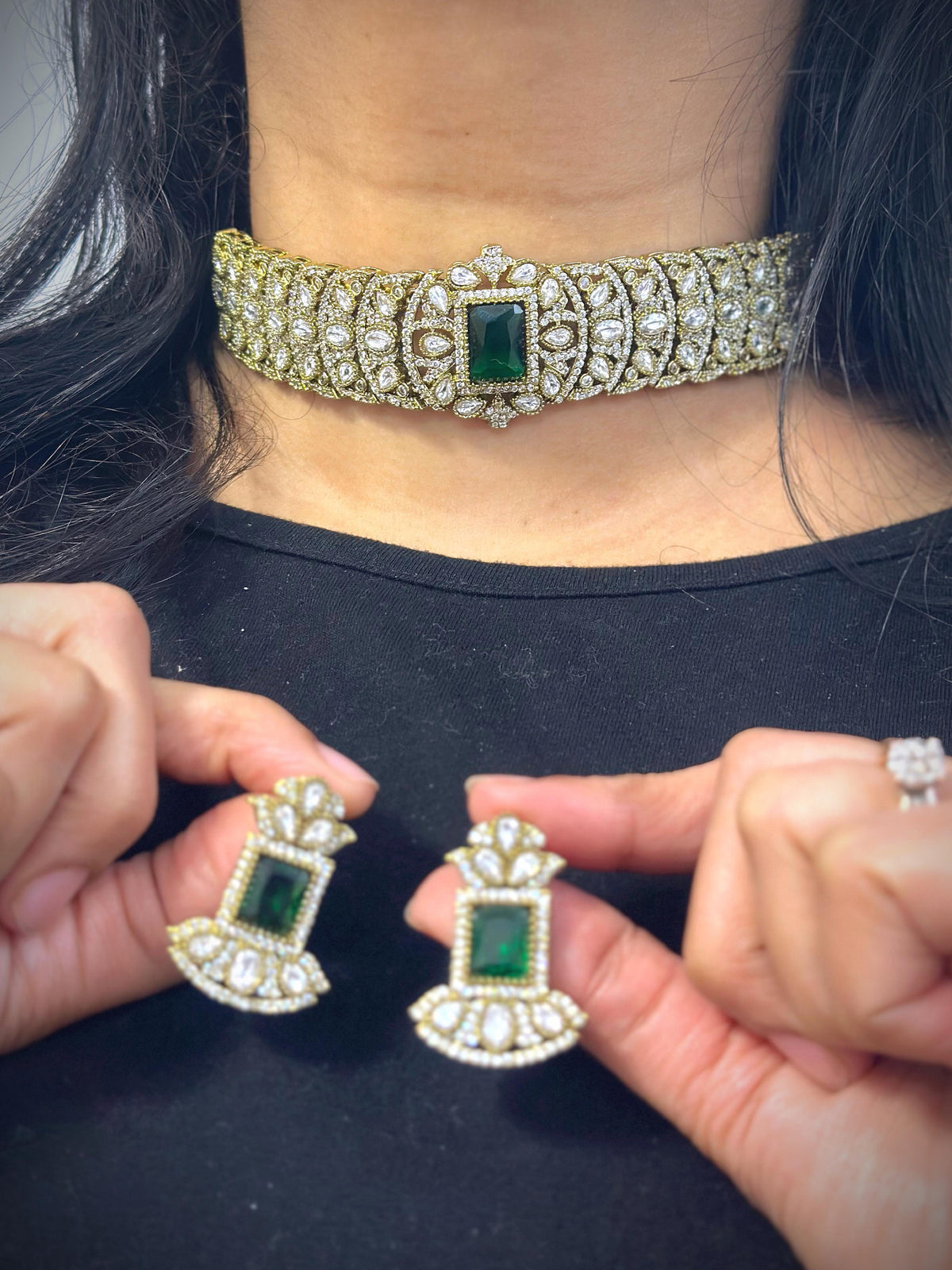 Bollywood Design Gold Plated Stone Work Choker Earrings Set - Libasaa.com