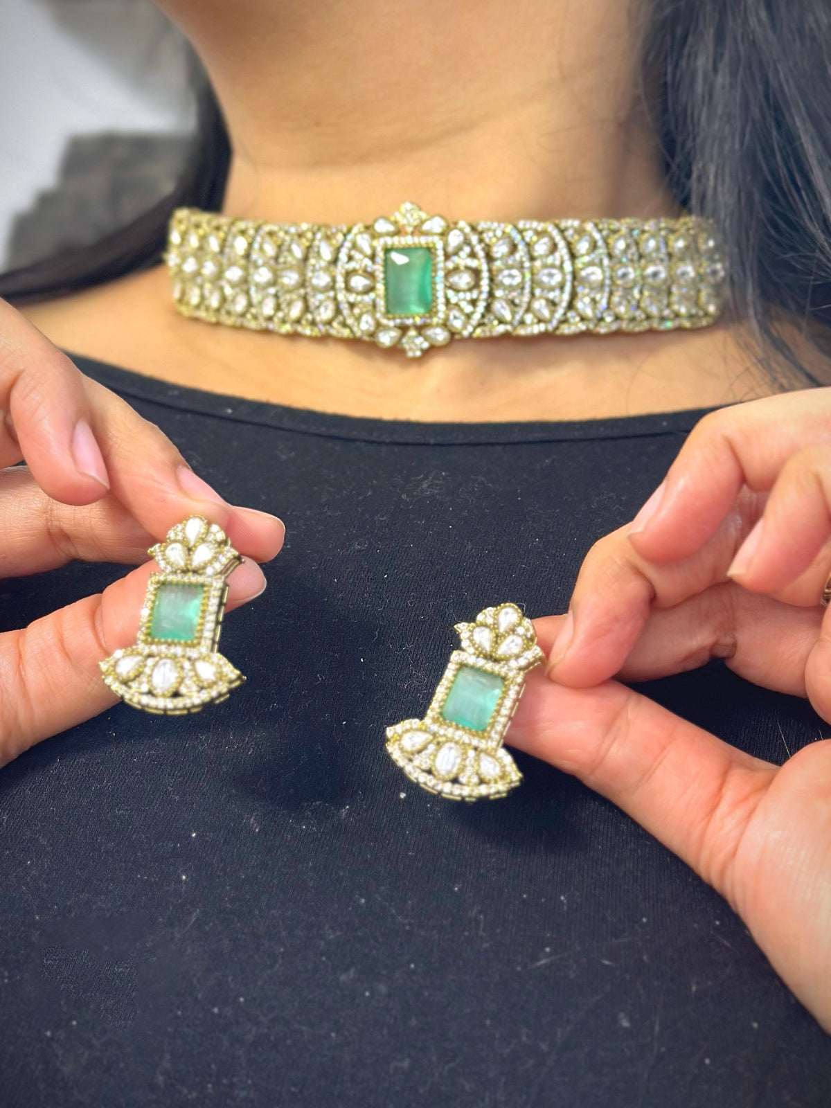 Bollywood Design Gold Plated Stone Work Choker Earrings Set - Libasaa.com