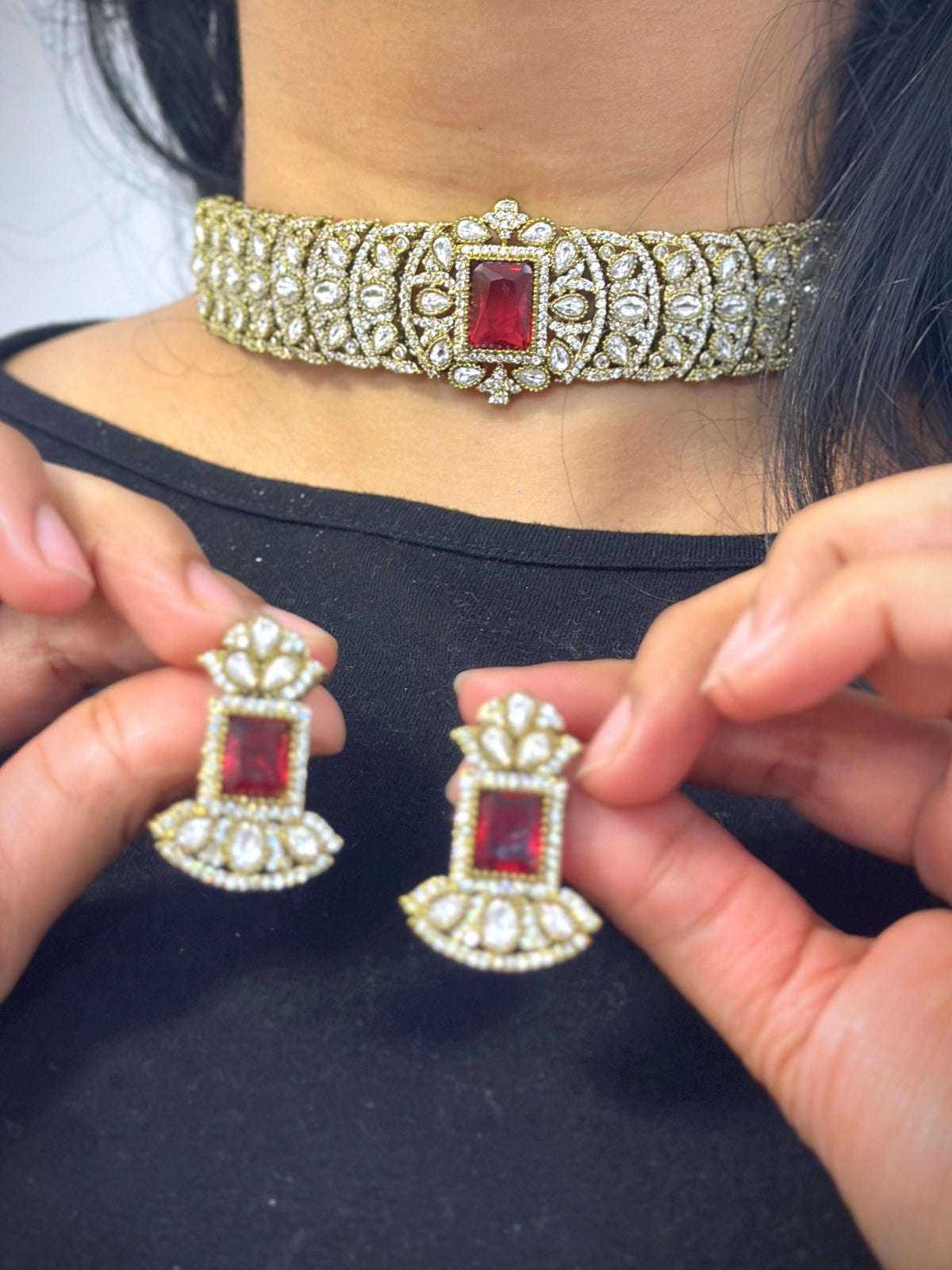 Bollywood Design Gold Plated Stone Work Choker Earrings Set - Libasaa.com