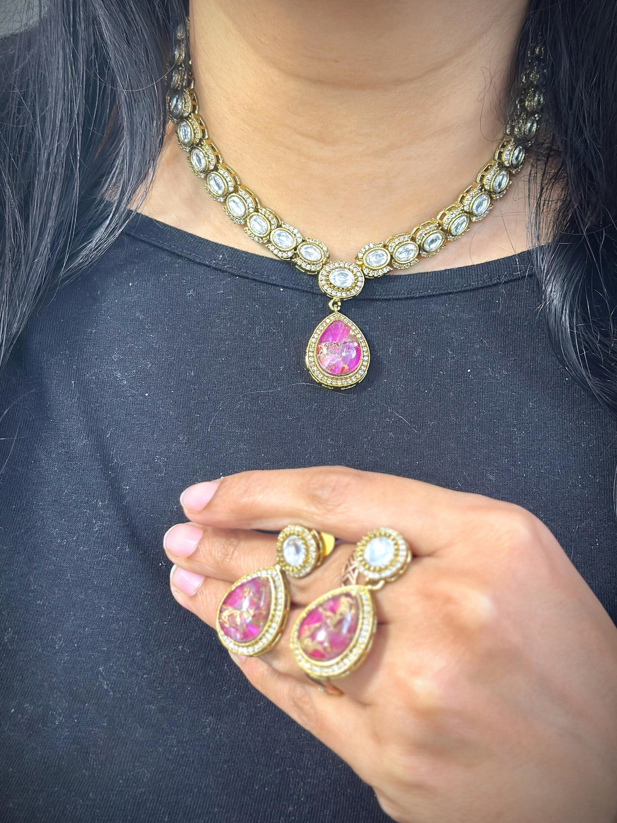 Dazzle Statement AD Necklace Earrings Indian Jewelry Set - Libasaa.com