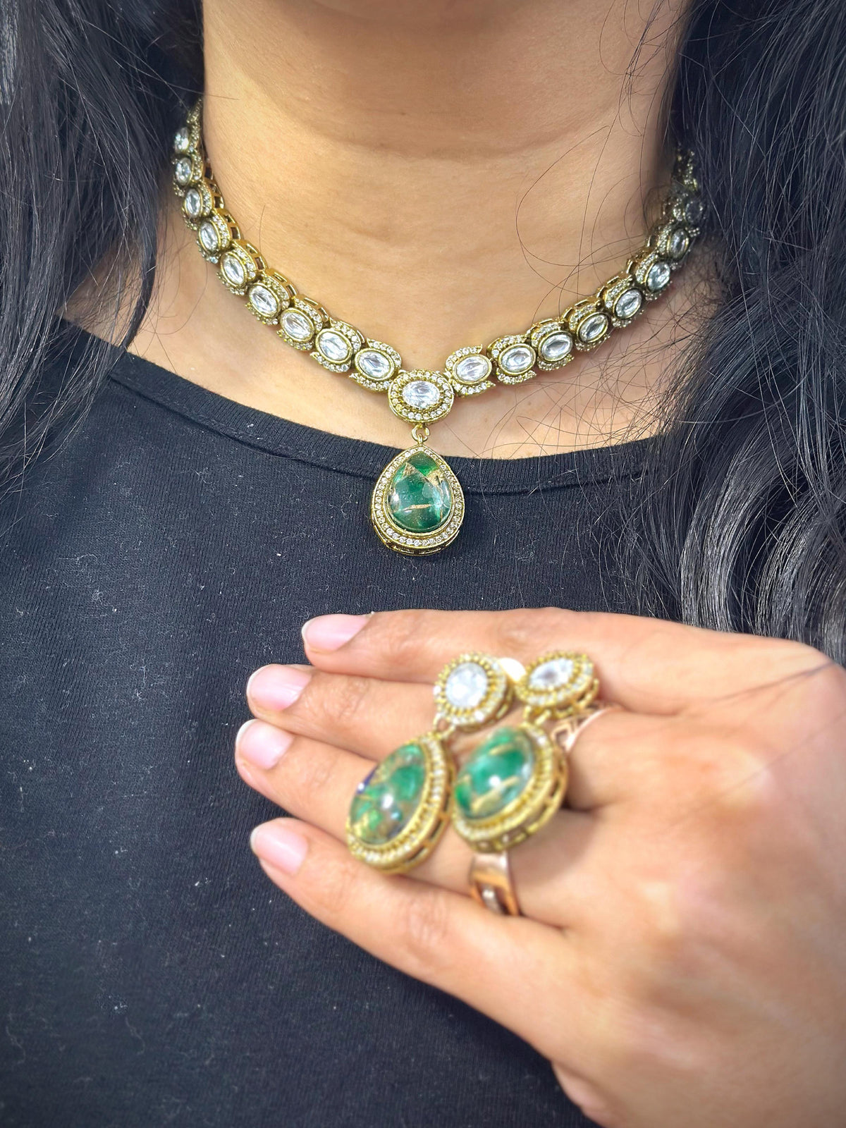 Dazzle Statement AD Necklace Earrings Indian Jewelry Set - Libasaa.com