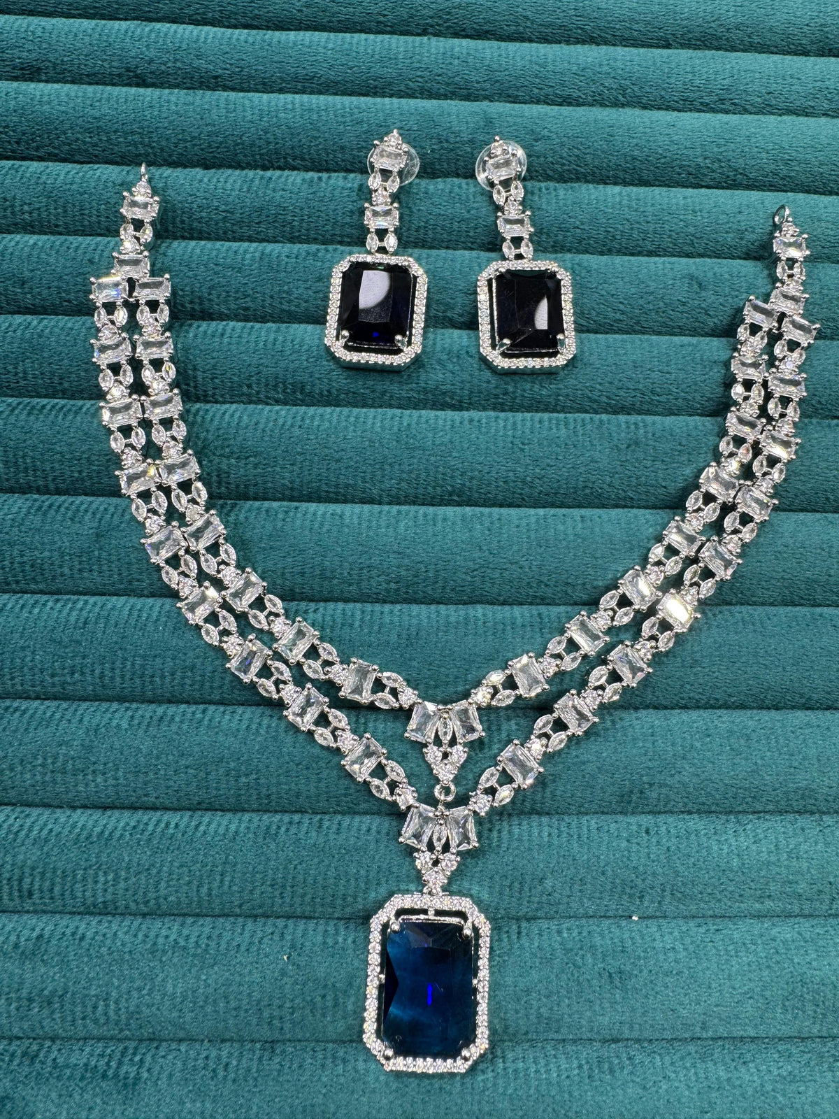 Punjabi Square Shaped Silver Plated CZ Necklace Earrings Set - Libasaa.com