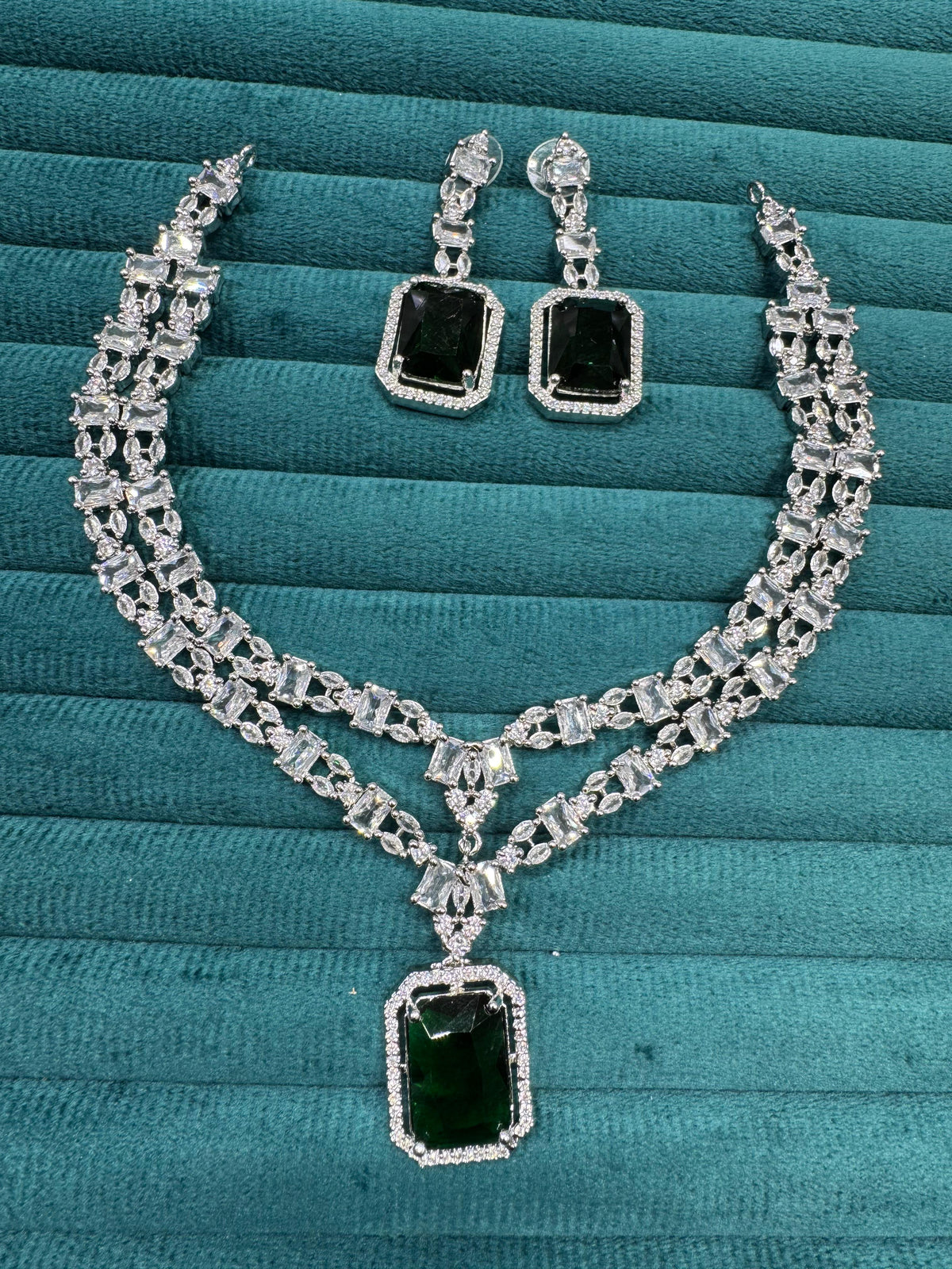 Punjabi Square Shaped Silver Plated CZ Necklace Earrings Set - Libasaa.com