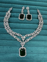 Punjabi Square Shaped Silver Plated CZ Necklace Earrings Set - Libasaa.com