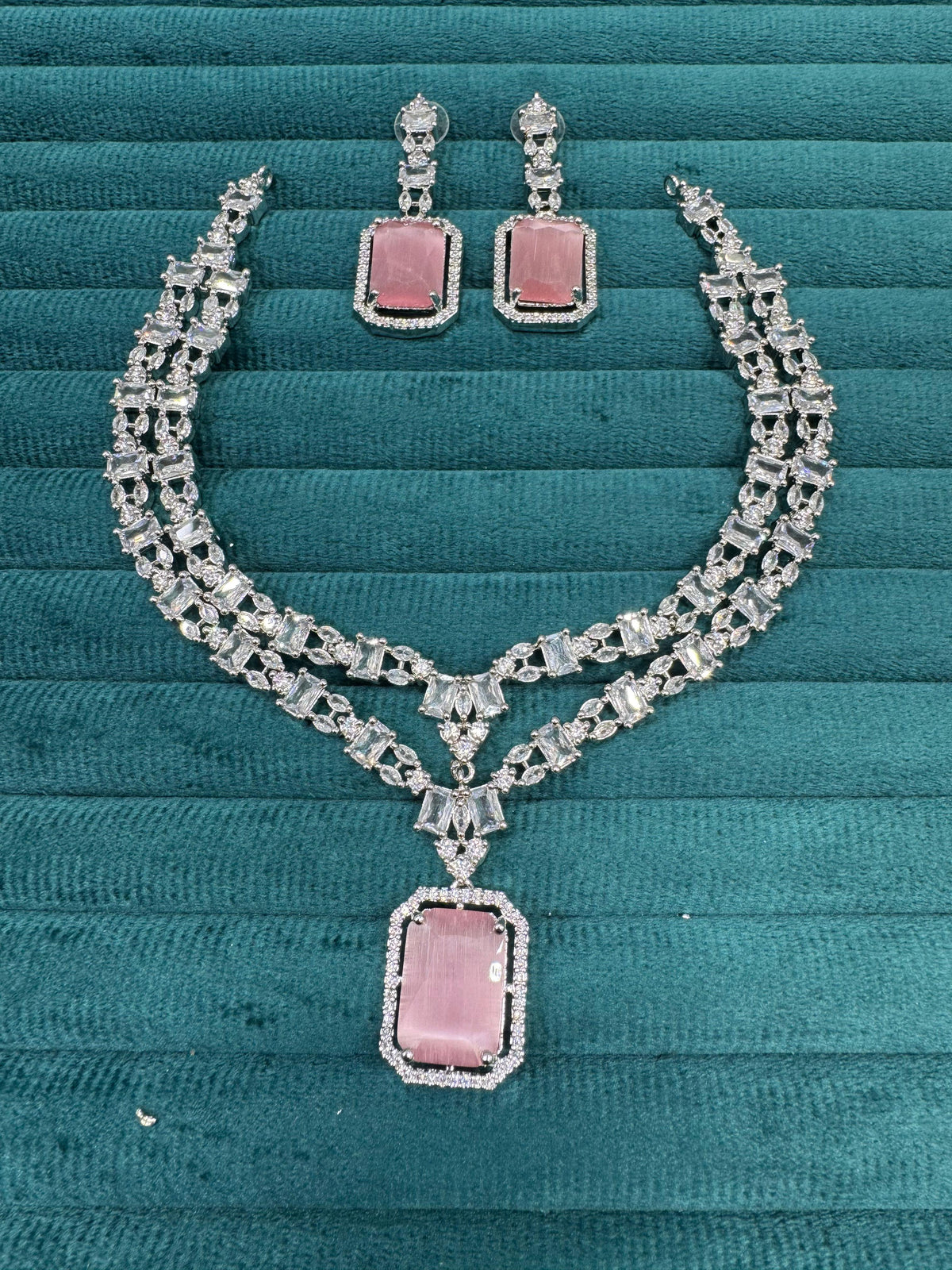 Punjabi Square Shaped Silver Plated CZ Necklace Earrings Set - Libasaa.com