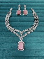 Punjabi Square Shaped Silver Plated CZ Necklace Earrings Set - Libasaa.com