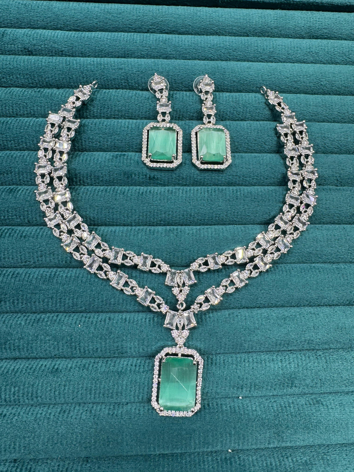 Punjabi Square Shaped Silver Plated CZ Necklace Earrings Set - Libasaa.com