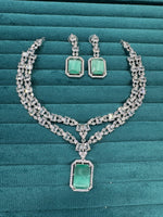 Punjabi Square Shaped Silver Plated CZ Necklace Earrings Set - Libasaa.com