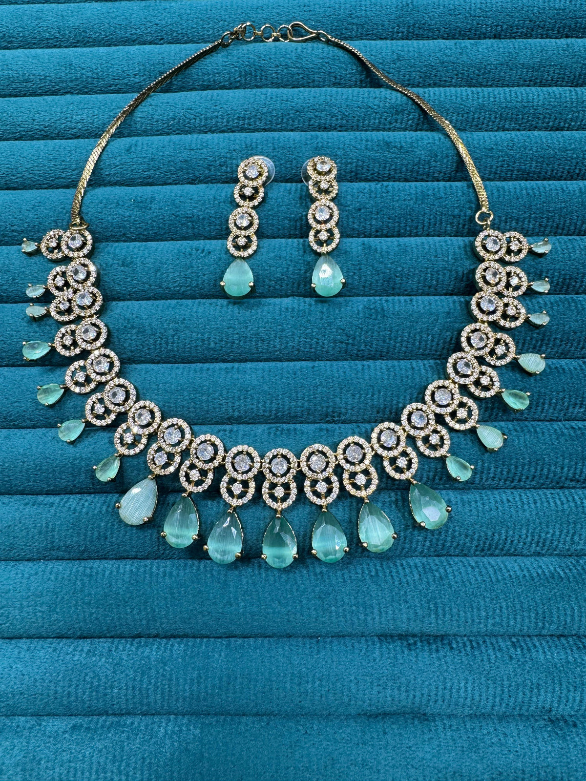 Bollywood Inspired AD Teardrop Silver Plated Necklace Set - Libasaa.com