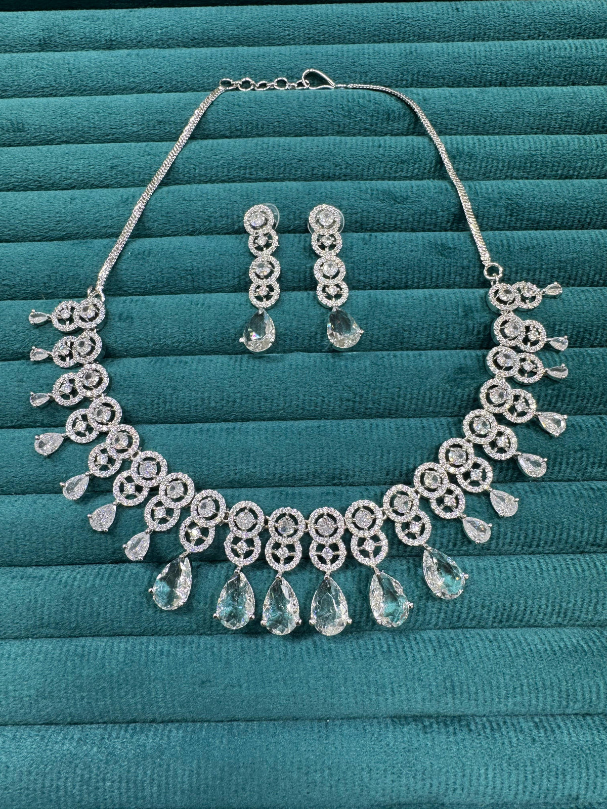 Bollywood Inspired AD Teardrop Silver Plated Necklace Set - Libasaa.com