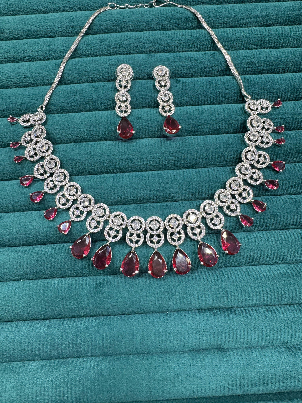 Bollywood Inspired AD Teardrop Silver Plated Necklace Set - Libasaa.com