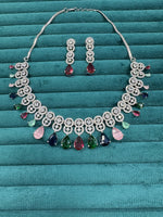 Bollywood Inspired AD Teardrop Silver Plated Necklace Set - Libasaa.com