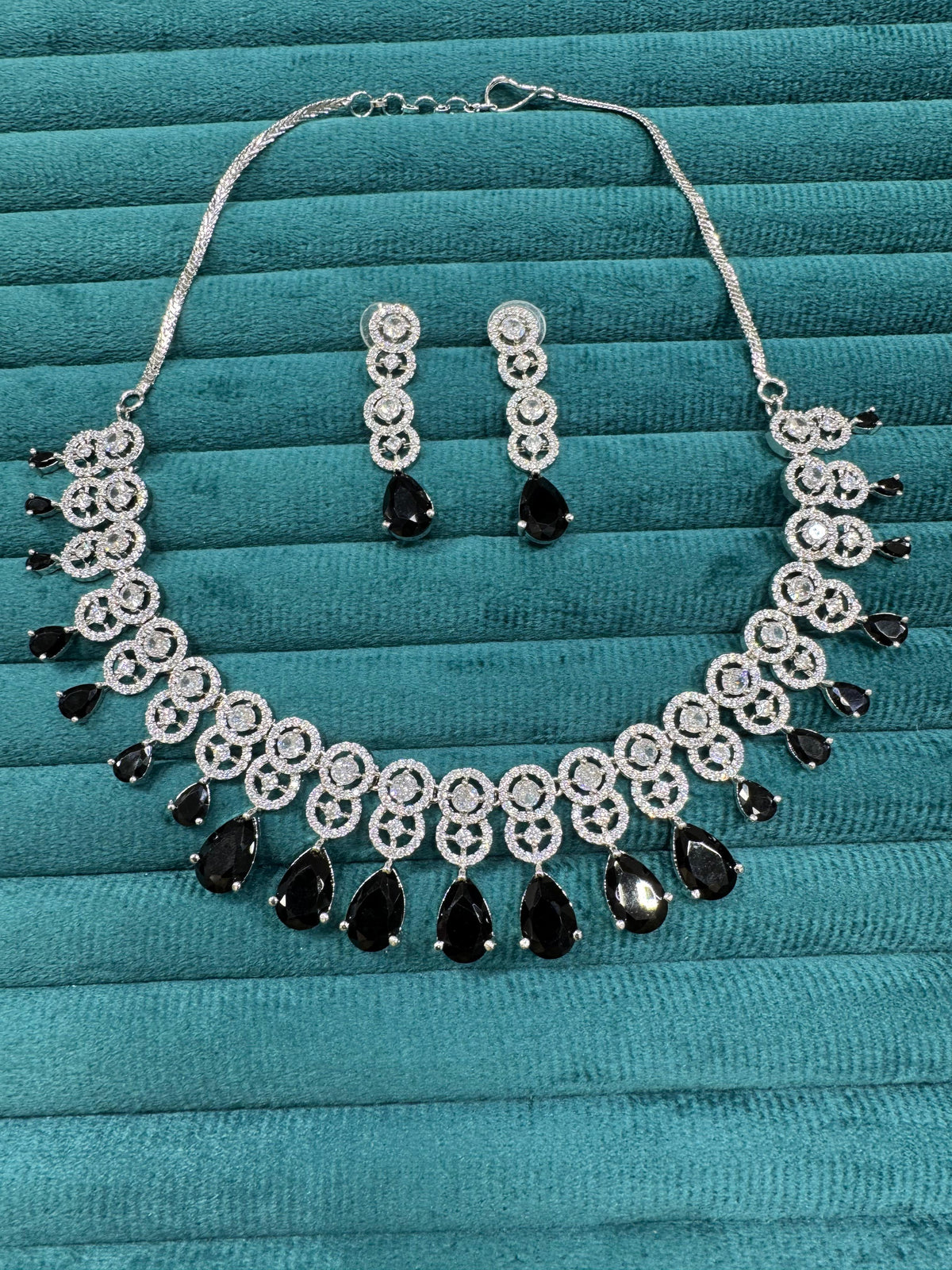 Bollywood Inspired AD Teardrop Silver Plated Necklace Set - Libasaa.com