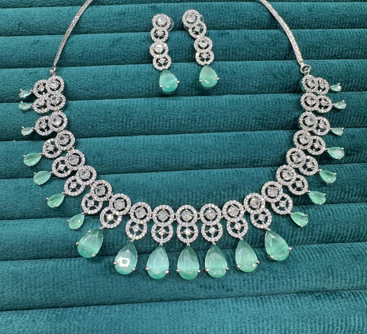 Bollywood Inspired AD Teardrop Silver Plated Necklace Set - Libasaa.com