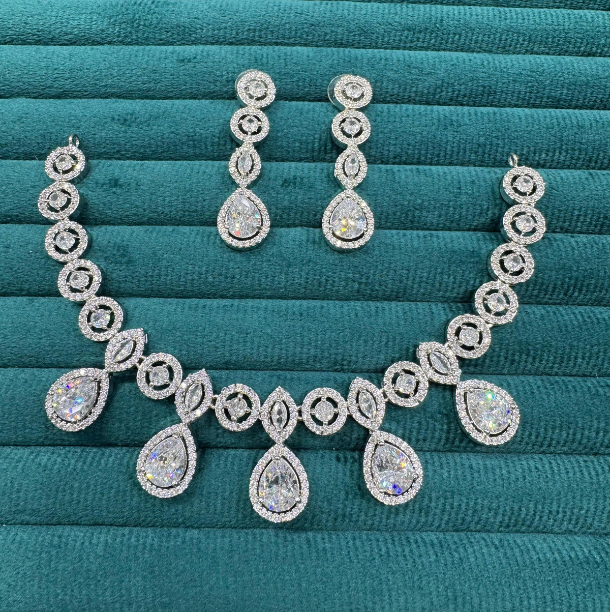 Pakistani CZ Silver Plated Wedding Necklace Earrings Set - Libasaa.com