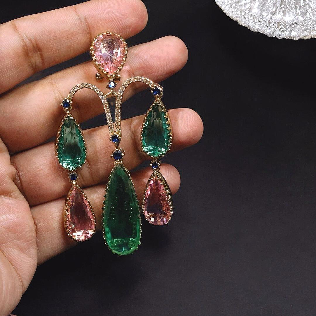 Bollywood Inspired Teardrop CZ Earrings Jewelry Set For Wedding - Libasaa.com