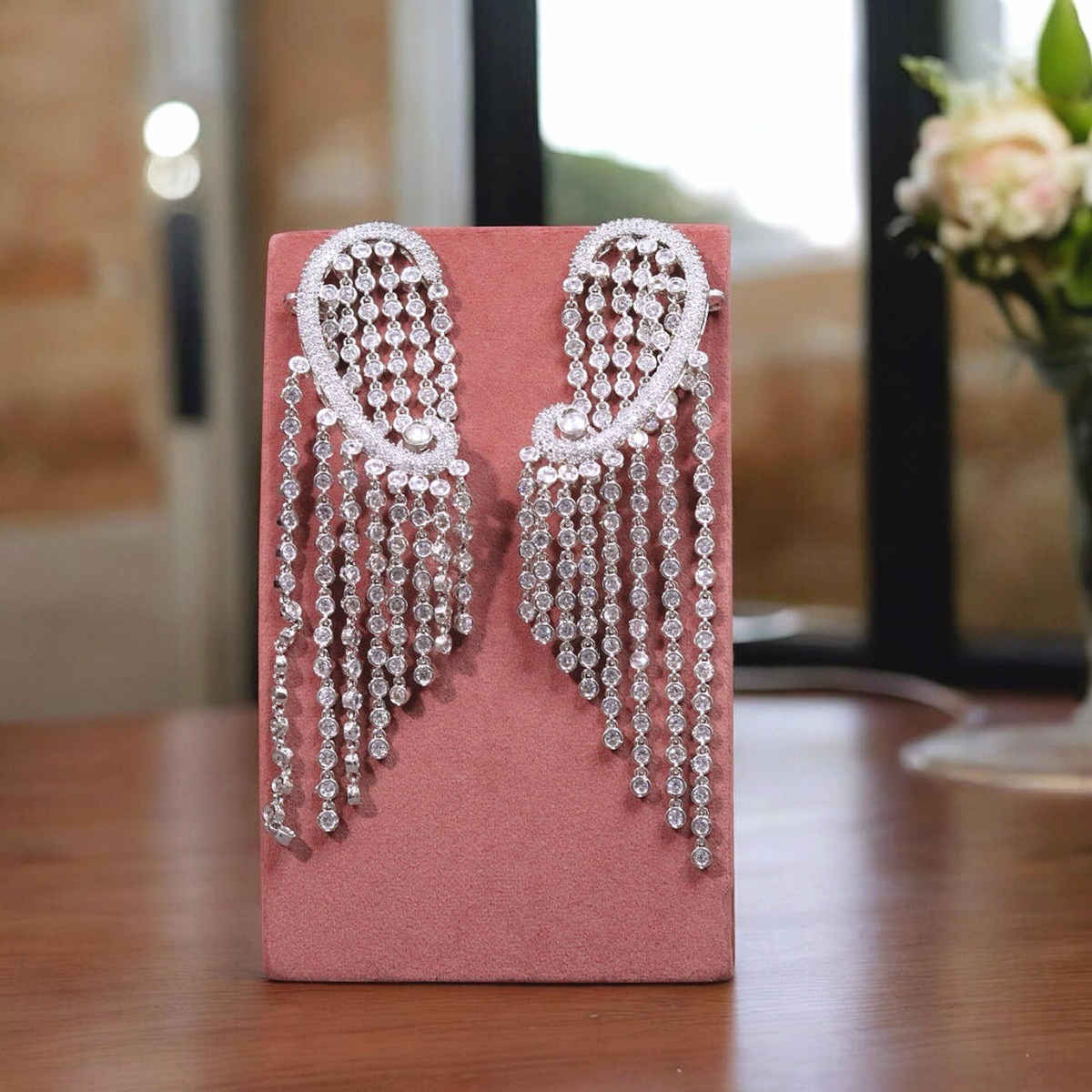 Tamanna Bhatia Inspired Silver Wedding Earrings Set For Women - Libasaa.com