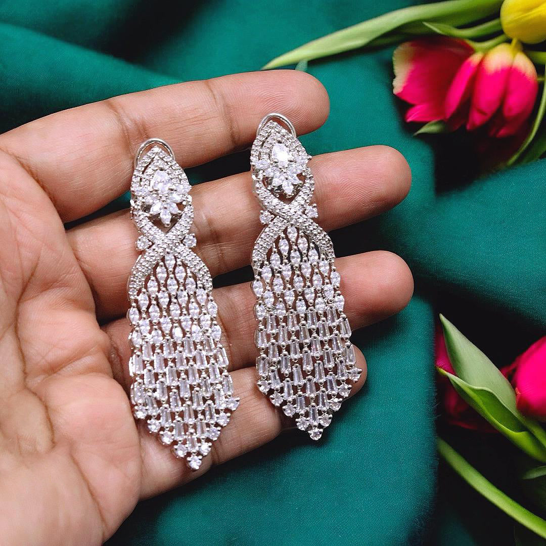 Silver Floral Motif Chandelier Wedding AD Earrings Pakistani Jewelry - Libasaa.com