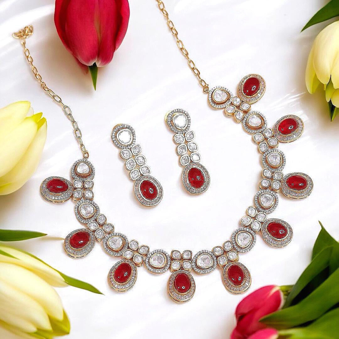 Sparkling Gold Plated Polki Bridal Necklace Earrings Set - Libasaa.com