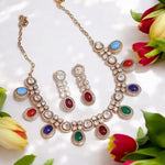 Sparkling Gold Plated Polki Bridal Necklace Earrings Set - Libasaa.com