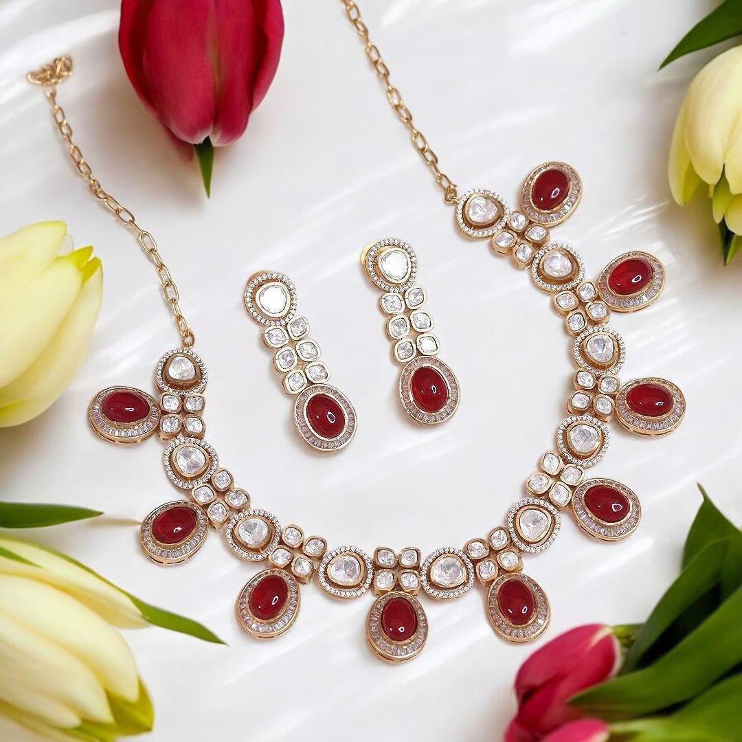 Sparkling Gold Plated Polki Bridal Necklace Earrings Set - Libasaa.com