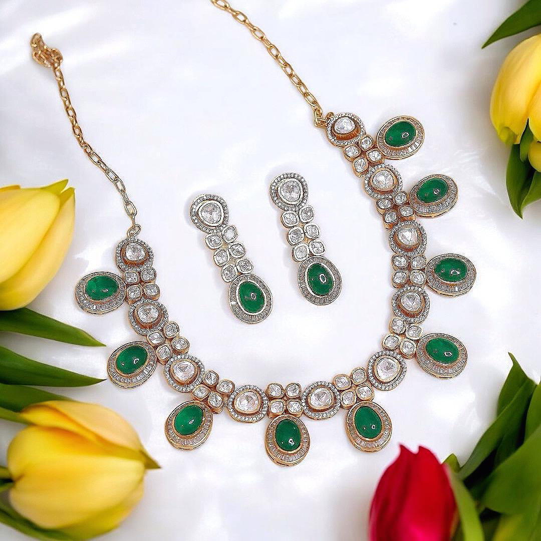 Sparkling Gold Plated Polki Bridal Necklace Earrings Set - Libasaa.com