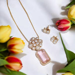 Chorus Shaped Gold Plated CZ Necklace Earrings Pakistani Jewelry Set - Libasaa.com