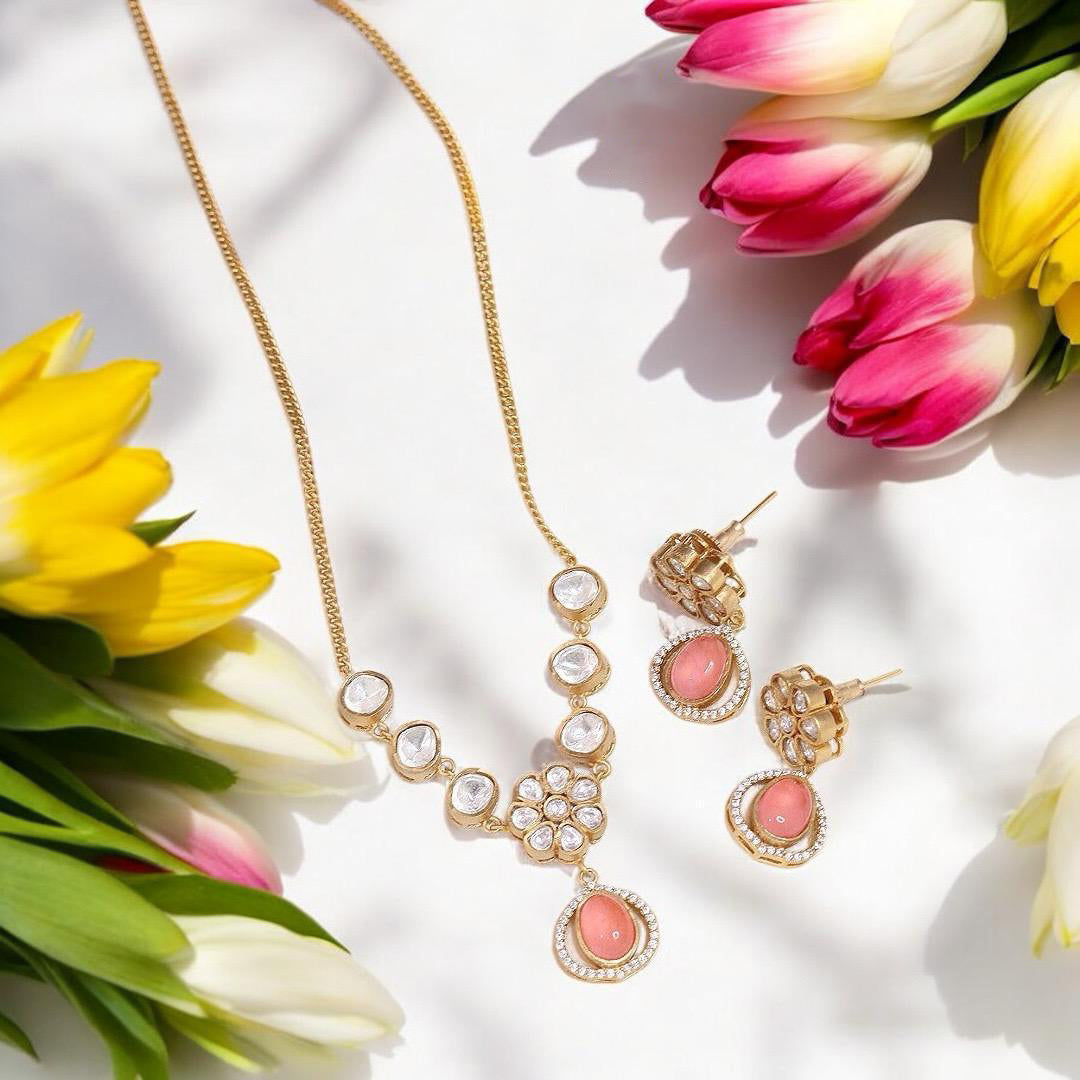 Rajsthani Gold Plated Stone Work AD Necklace Earrings Set - Libasaa.com