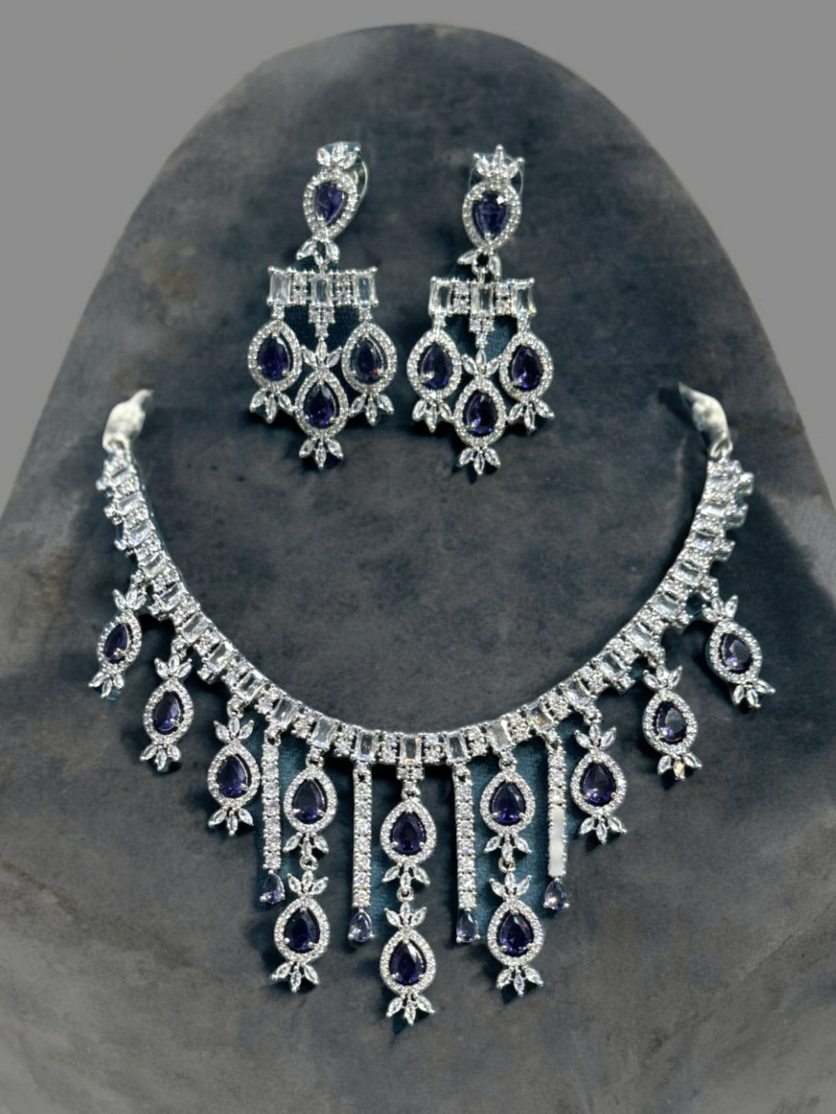 Pakistani Silver Plated Cubic zirconia Necklace Earrings Set For Women - Libasaa.com