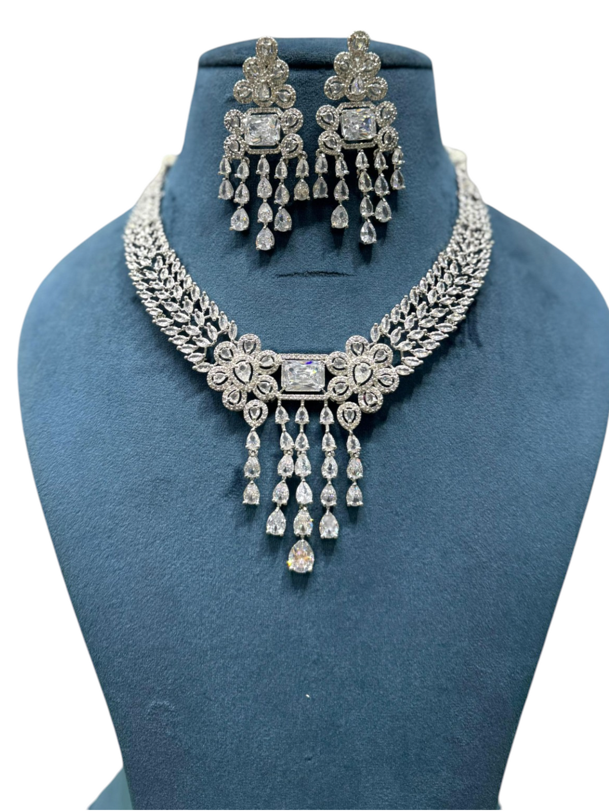 Tripple Layer Flower Design Silver Necklace Earrings Set For Women - Libasaa.com