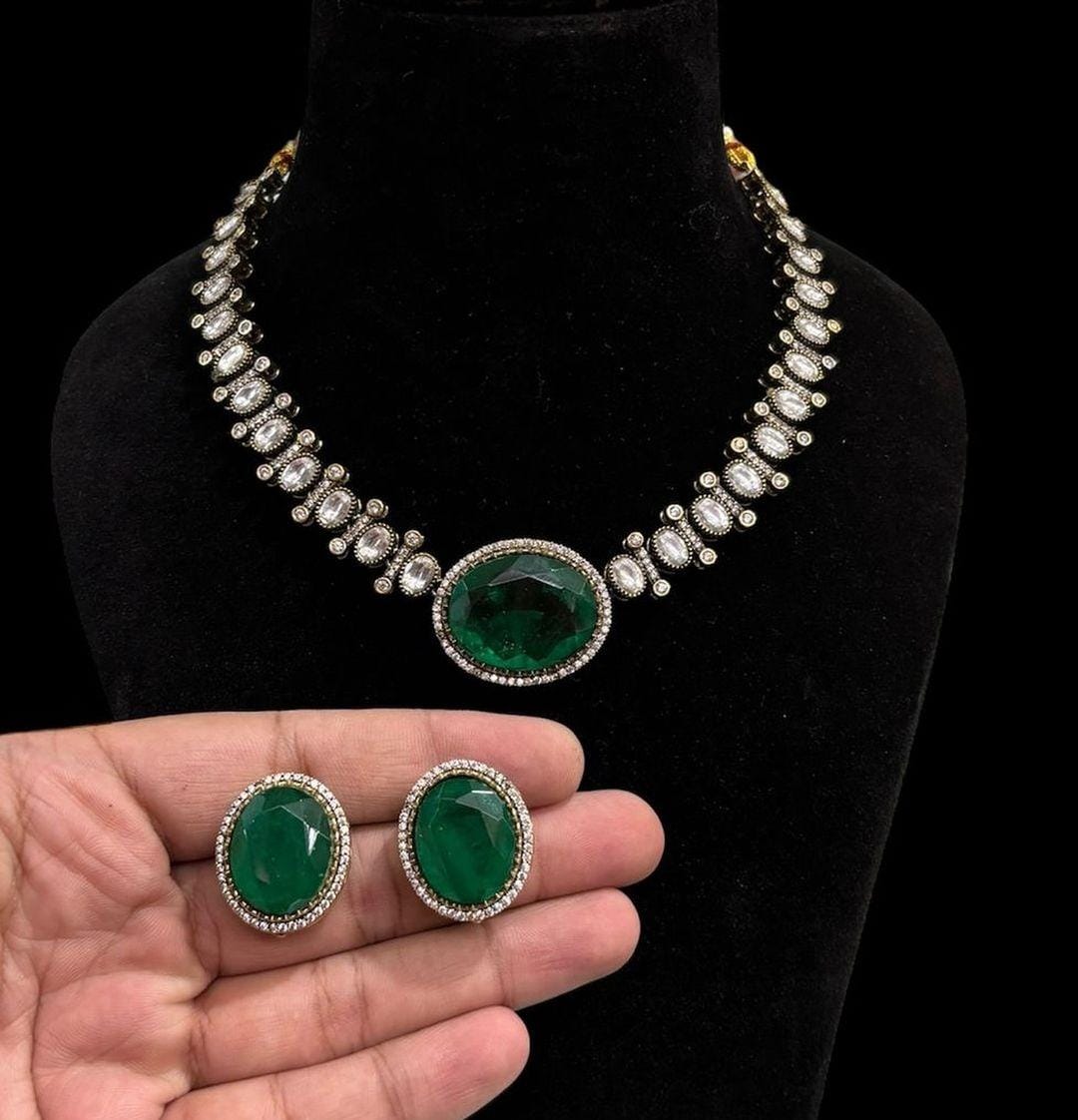 Gorgeous AD Necklace Set with Silver Finish for Bridal Indian Wedding and Pakistani Jewelry - Libasaa.com