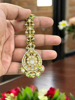Golden & White Kundan Maang Tikka with Green Bead Detailing | Bridal & Festive Hair Jewelry - Libasaa.com