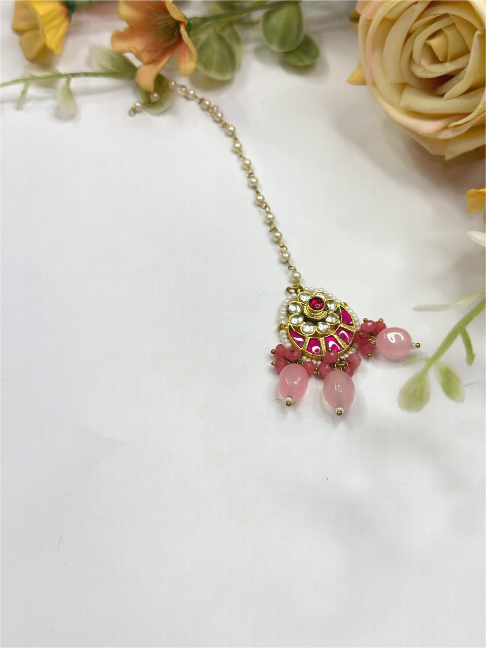 Traditional Kundan Maang Tikka with Pearls & Pink Stone Bridal Jewelry - Libasaa.com