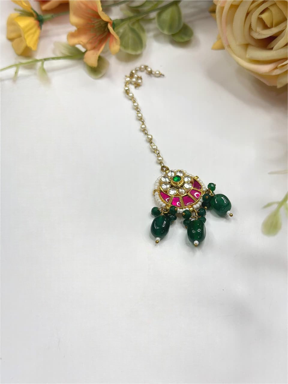 Traditional Kundan Maang Tikka with Pearls & Pink Stone Bridal Jewelry - Libasaa.com