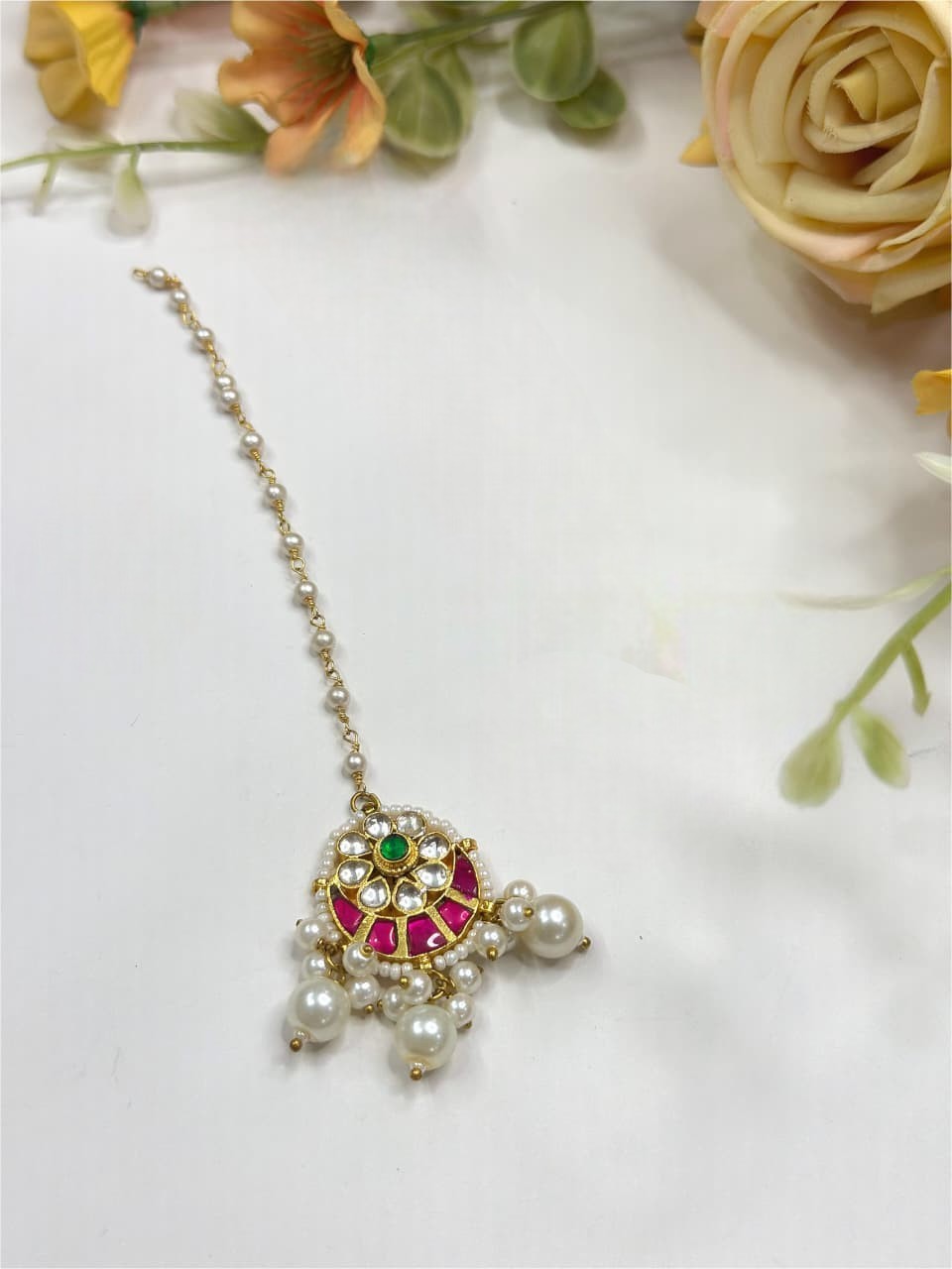 Traditional Kundan Maang Tikka with Pearls & Pink Stone Bridal Jewelry - Libasaa.com