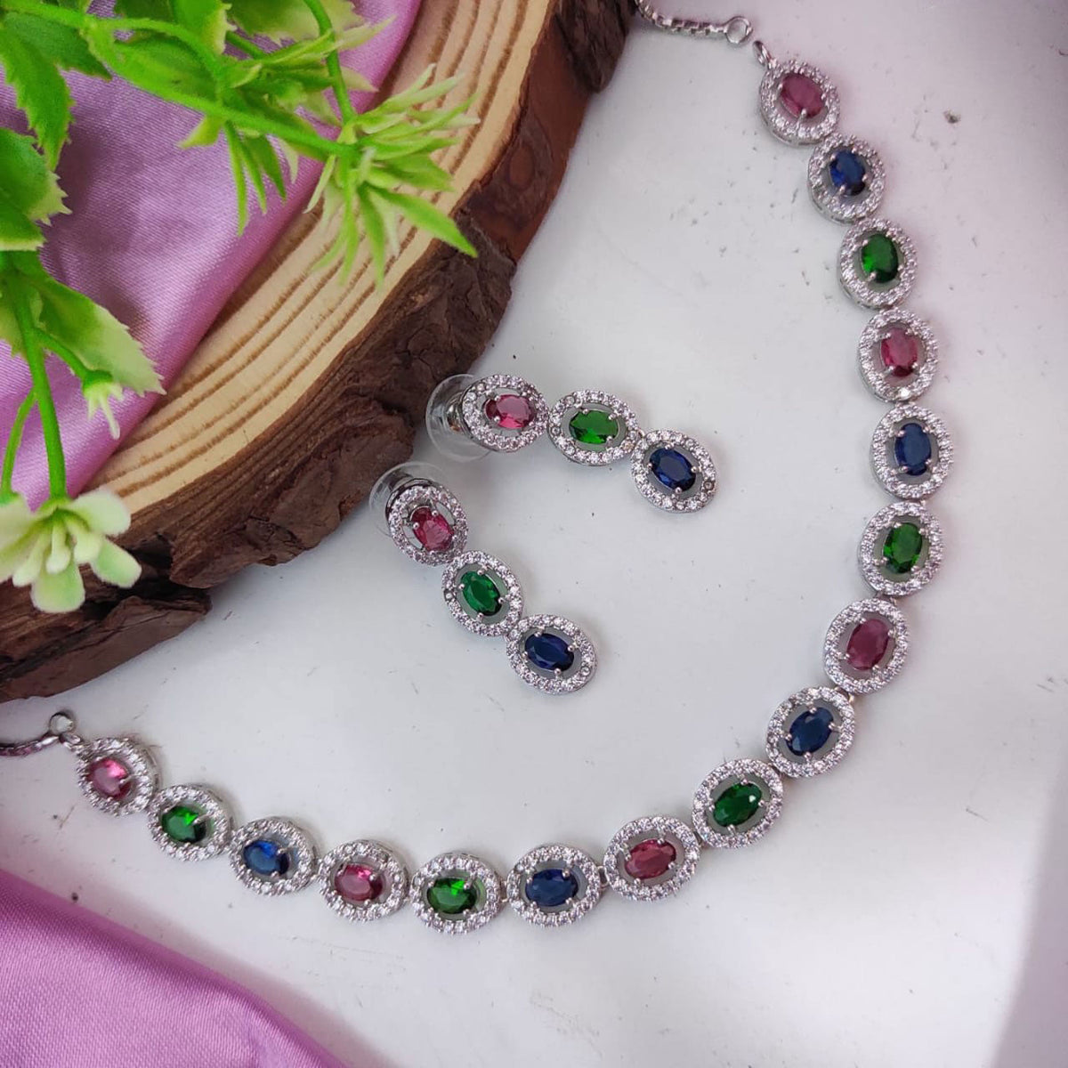 Beautiful AD Choker Set with American Diamond CZ Stones for Pakistani Jewelry and Bridal Looks - Libasaa.com