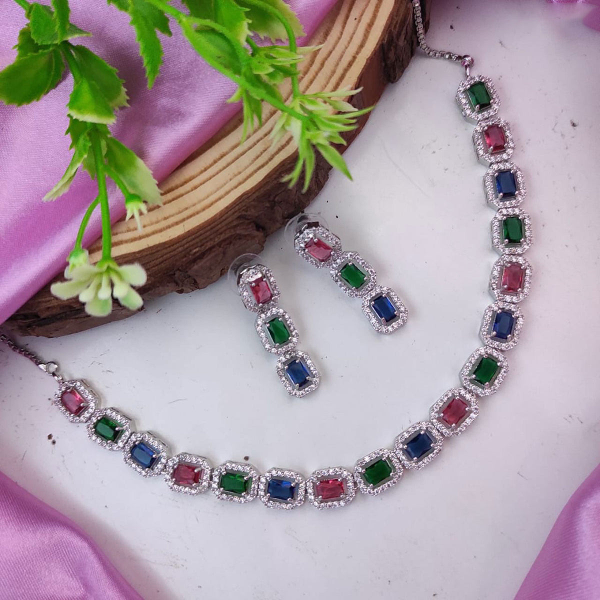 Bollywood Inspired AD Necklace Set with CZ Jewelry for Indian Weddings and Engagements - Libasaa.com
