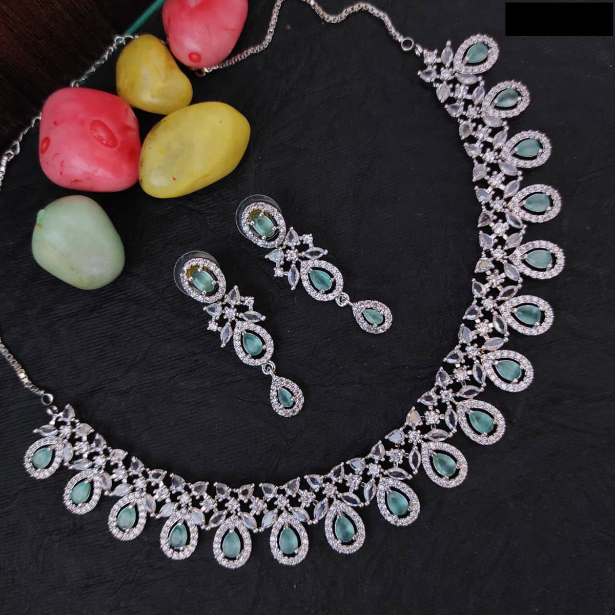 Elegant AD Choker Set for Bridal Pakistani Wedding Jewelry with American Diamond and Silver Finish - Libasaa.com