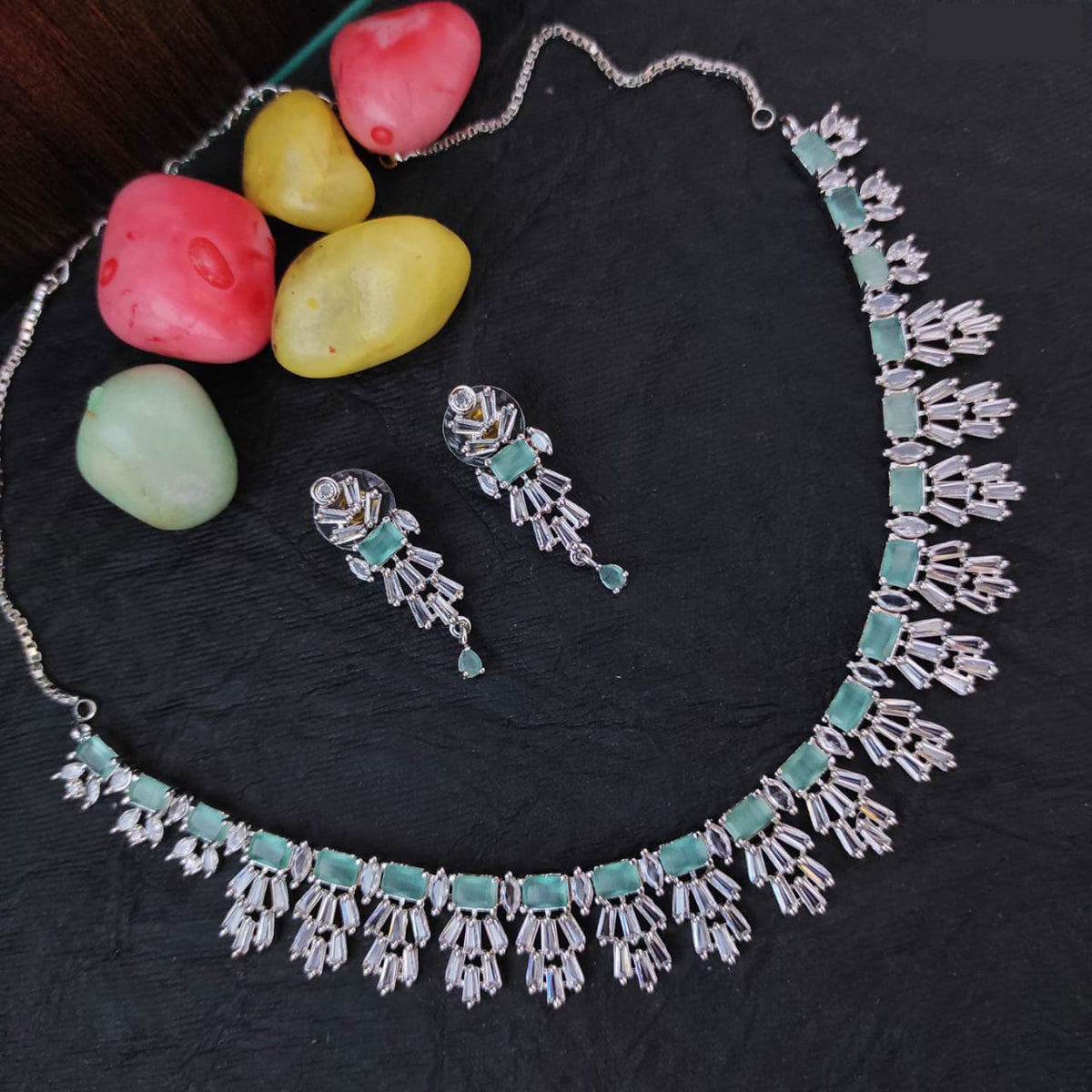 American Diamond CZ Necklace Set for Bridal Indian Wedding Pakistani Jewelry with AD Choker - Libasaa.com