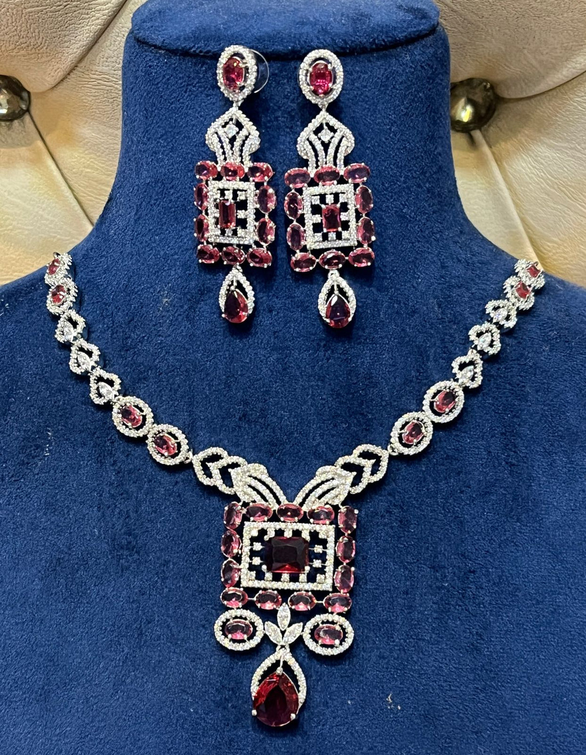 Stunning AD Necklace Set with CZ Stones for Indian Weddings Pakistani Jewelry and Bridal Looks - Libasaa.com